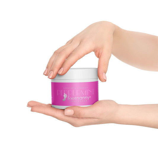 Jar of Peppermint Footnanny foot cream with pink label on a white background