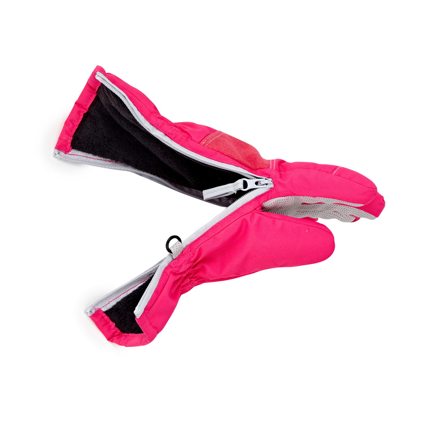 Pair of pink rain gloves with a black interior on a white background