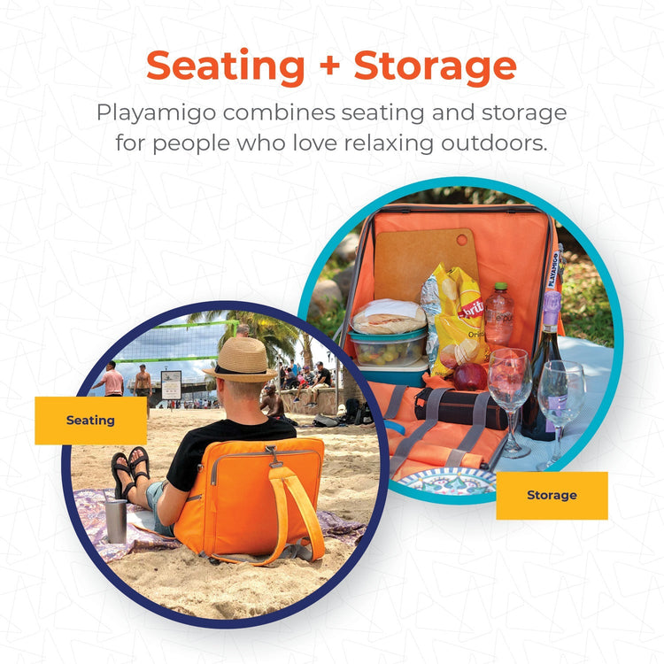 Orange seating and storage product with a man on a beach and outdoor setting.