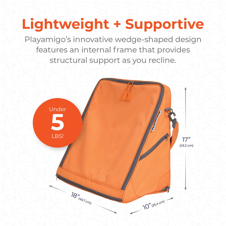 Orange wedge-shaped product with text highlighting its lightweight and supportive design, and dimensions displayed.