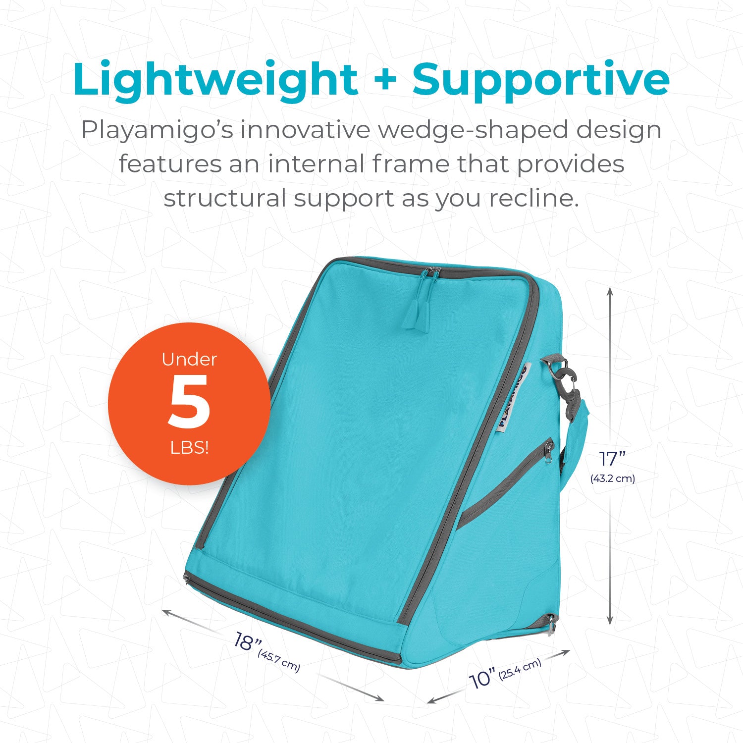Turquoise wedge-shaped bag with dimensions and weight information on a white background