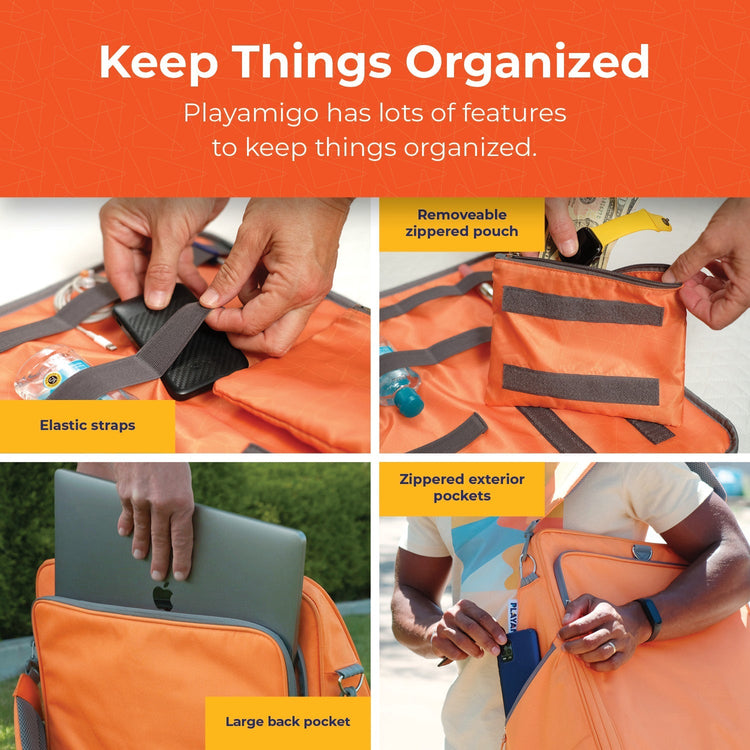 Orange bag with features highlighted, including a removeable zipped pouch, elastic straps, and large back pocket.