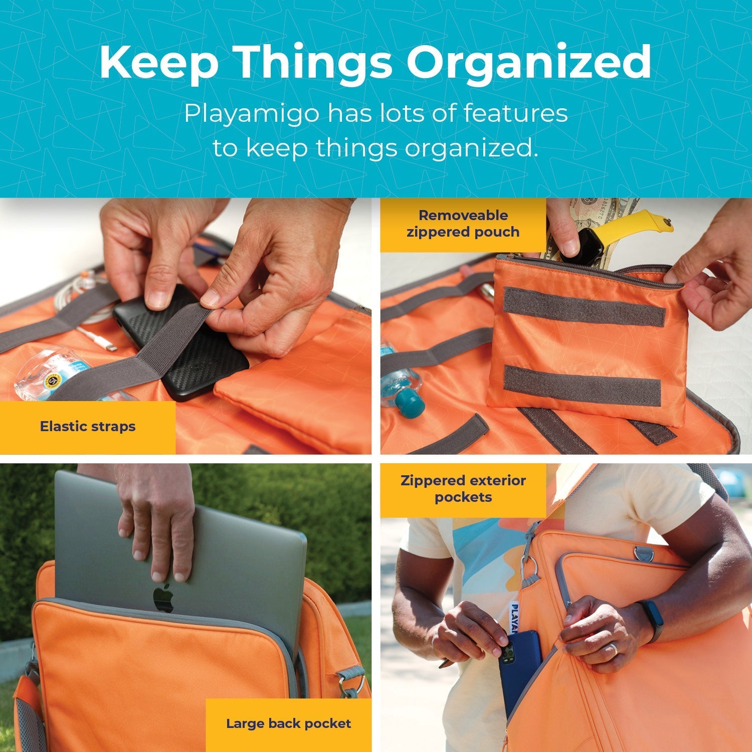 Orange bag with features highlighted, including a removeable zipped pouch, elastic straps, and large back pocket.