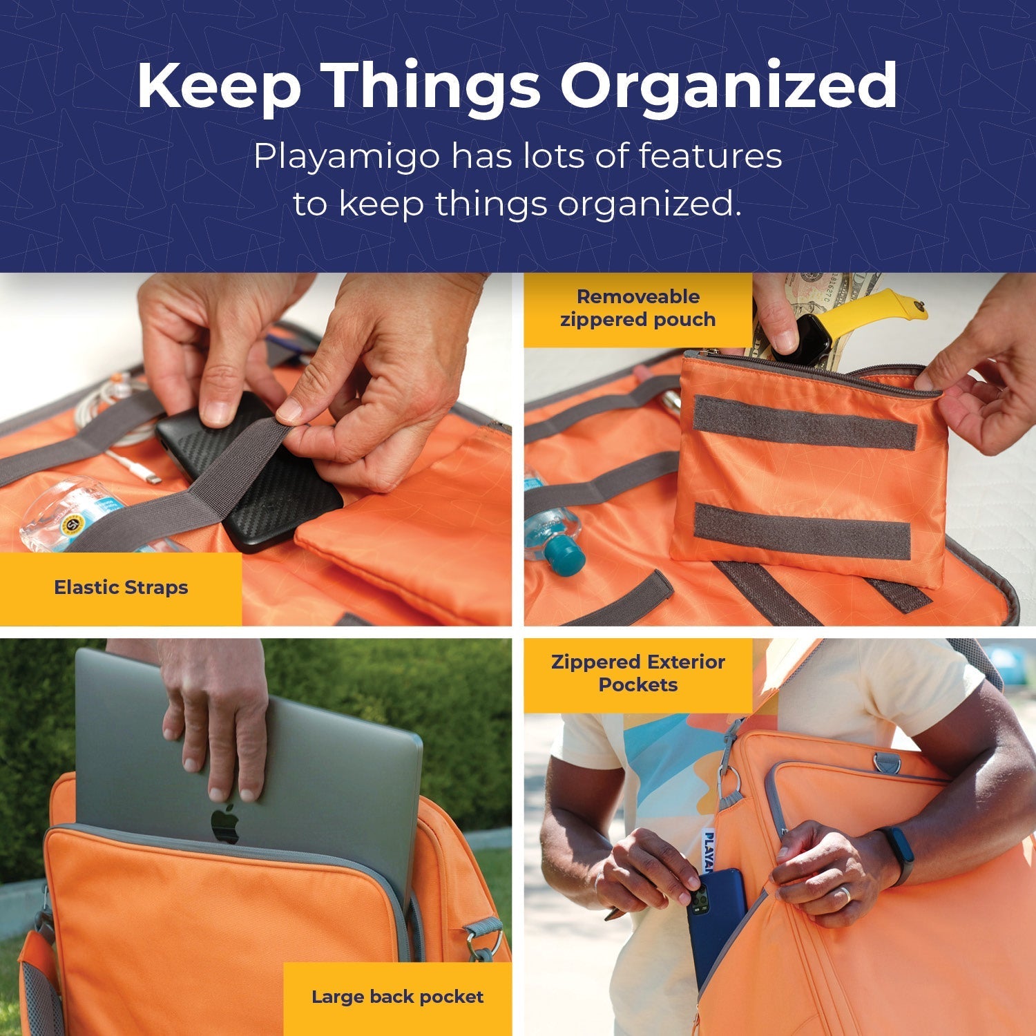 Orange bag with features highlighted, including a removeable zipped pouch, elastic straps, and large back pocket.
