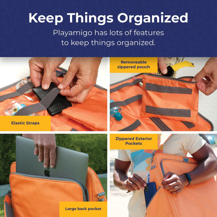 Orange bag with features highlighted, including a removeable zipped pouch, elastic straps, and large back pocket.