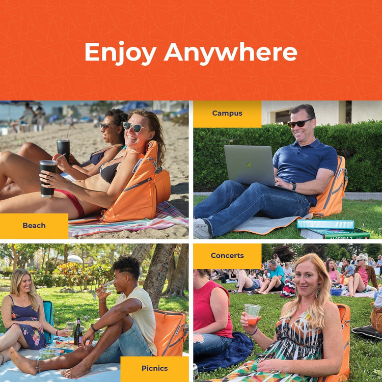 Collage of people using orange bean bag chairs in various settings with 'Enjoy Anywhere' text.