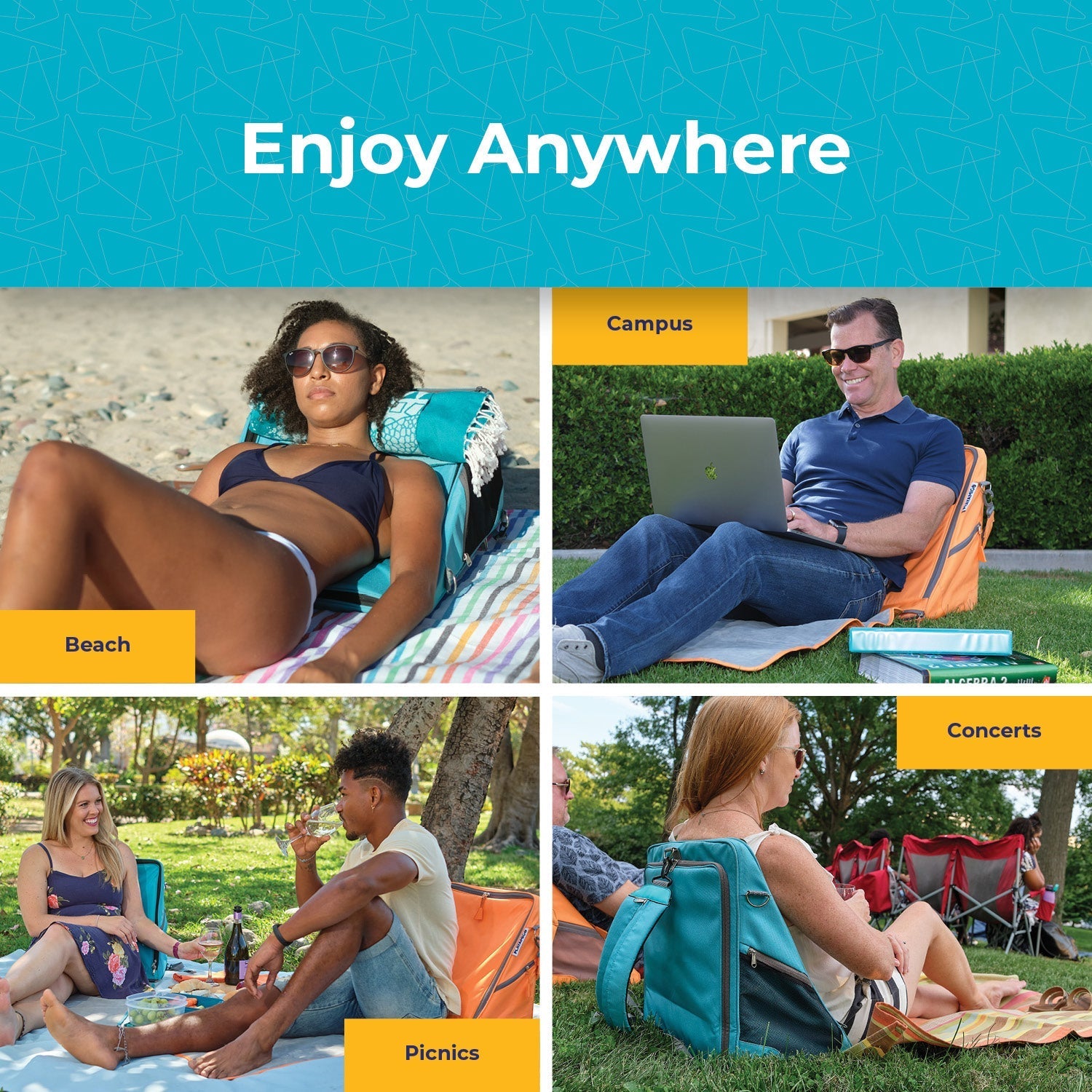 Collage of people using outdoor chairs in various settings with 'Enjoy Anywhere' text on a blue background.
