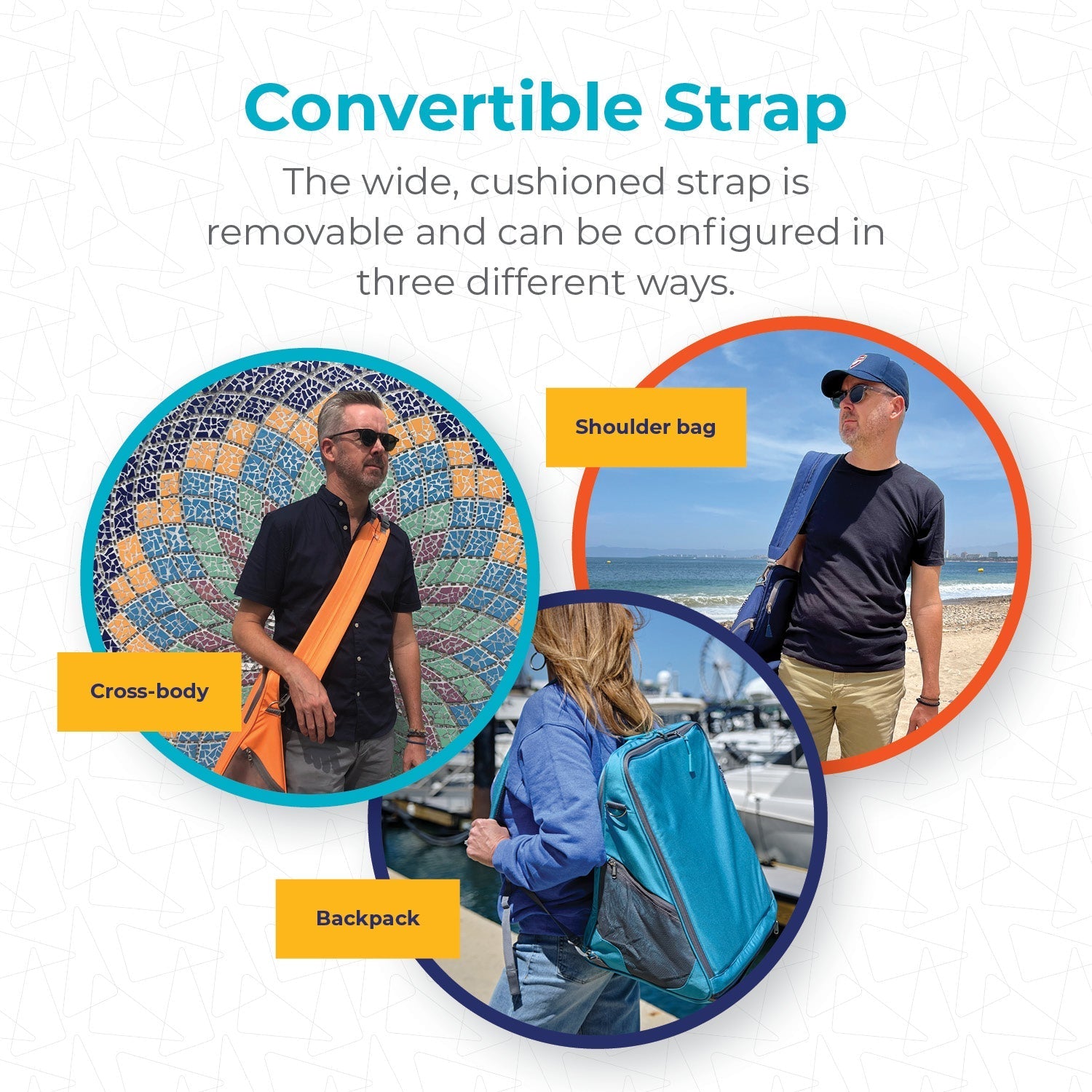 Promotional graphic showing a convertible strap in use on people with different bags.