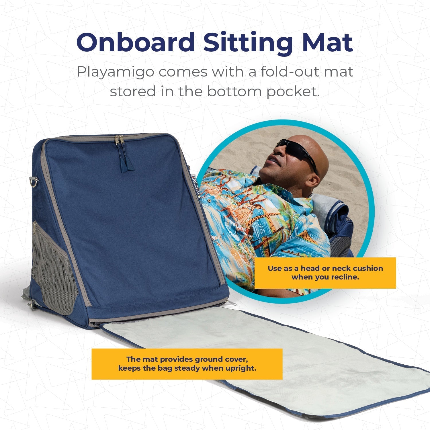 Blue bag with a fold-out mat and a person reclining on a beach.