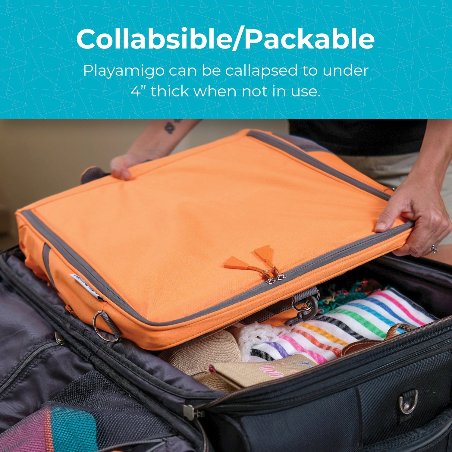 Orange collapsible pack being used to organize items in a suitcase with text about its collapsible and packable nature.
