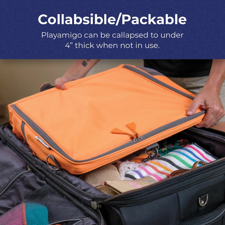 Orange travel packing cube being placed into an open suitcase with text about collapsibility.