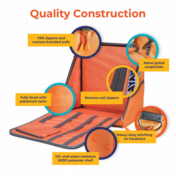 Orange seat cover with quality construction features highlighted on a white background