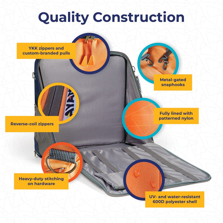 Gray suitcase with quality construction features highlighted on a white background