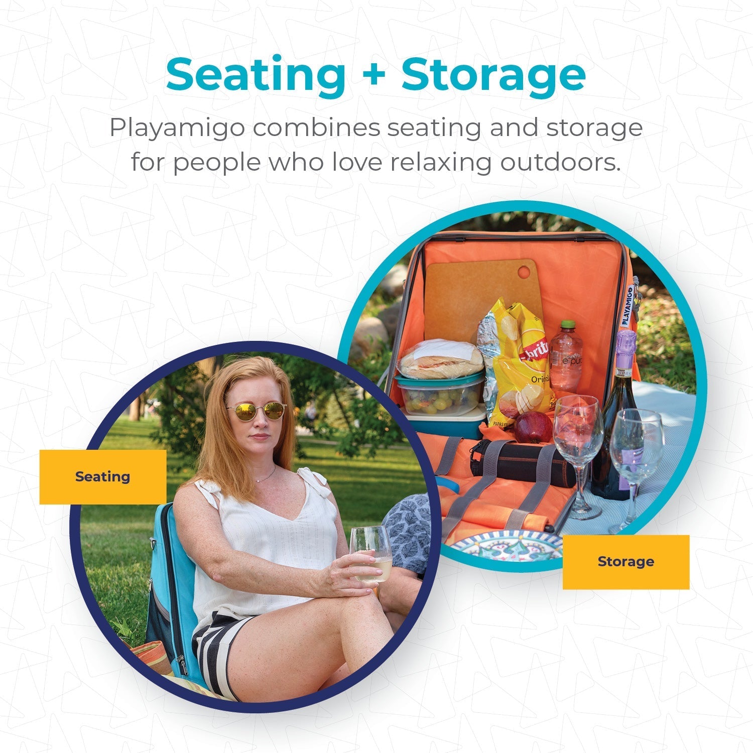 Product showcasing seating and storage with a woman sitting and a picnic setup.