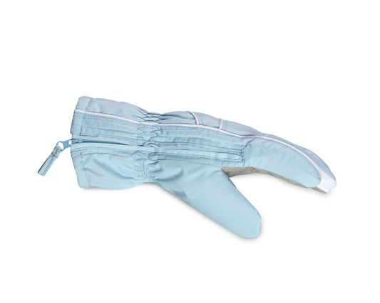 Pair of light blue gloves with gray palm on a white background