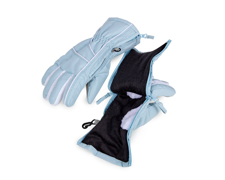 Light blue gloves with black lining on a white background