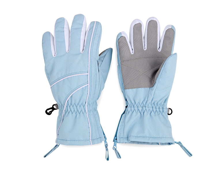 Pair of light blue gloves with gray palm on a white background