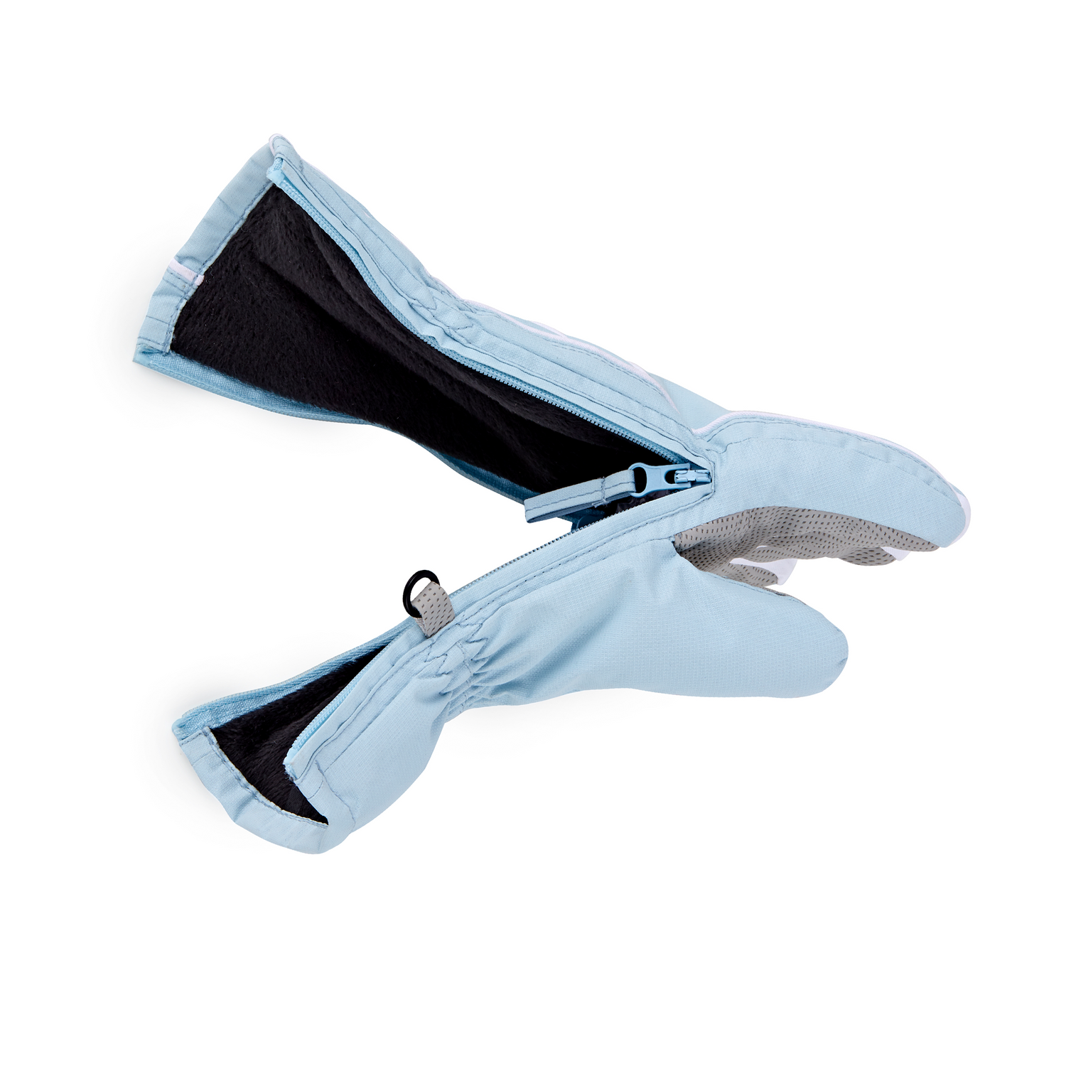 Light blue gloves with black lining on a white background