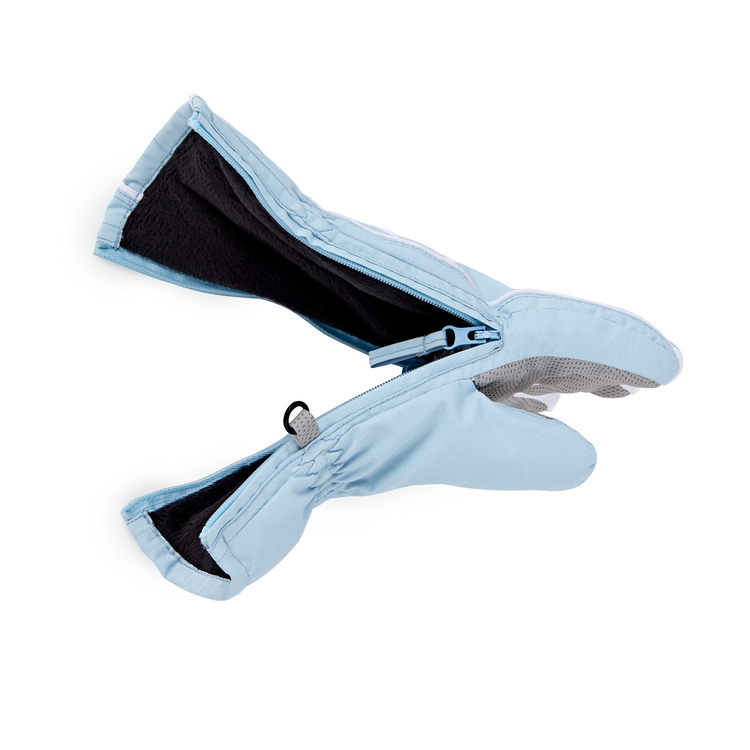 Light blue gloves with black lining on a white background