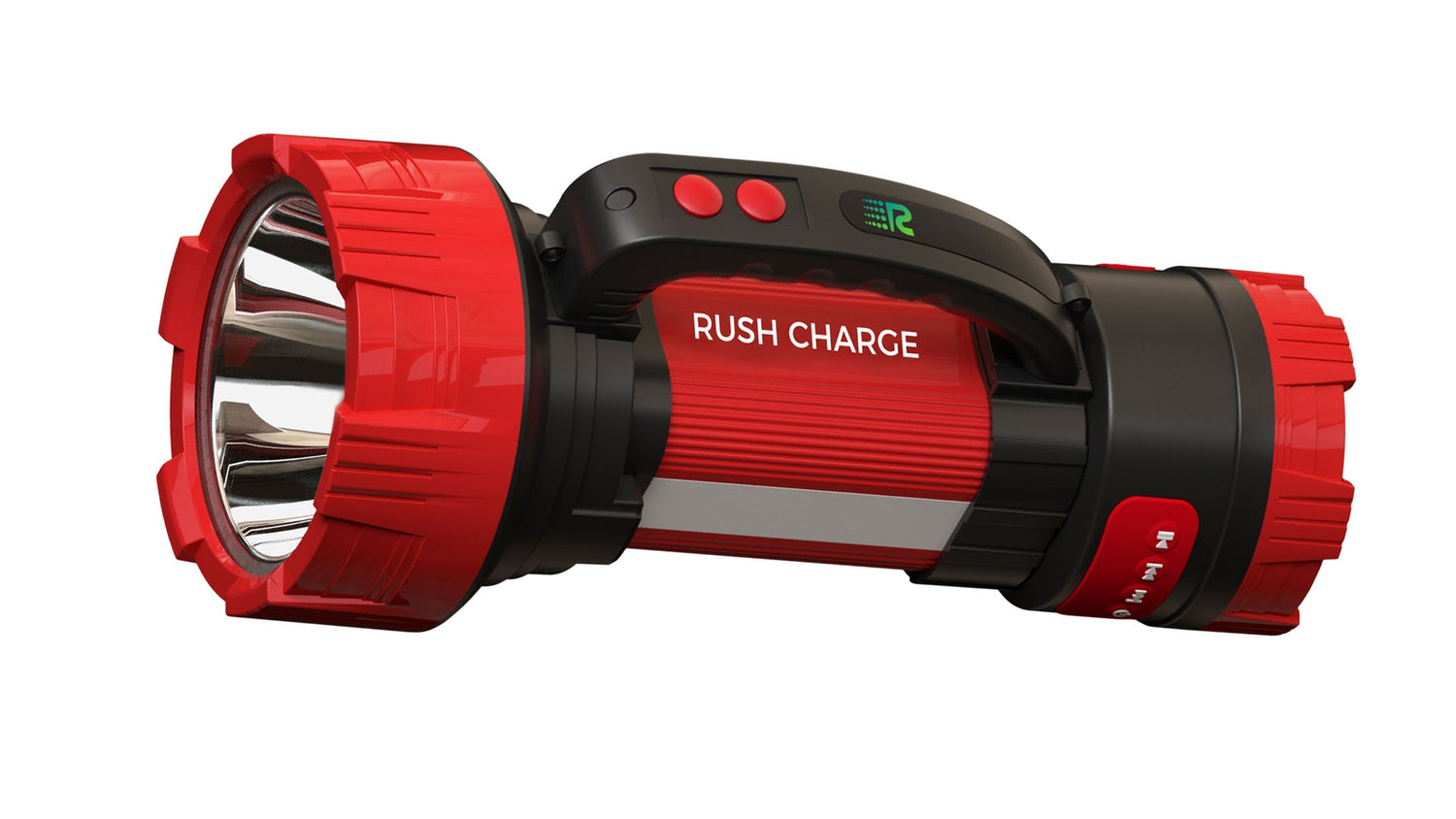 Red and black flashlight with 'Rush Charge' branding on a white background