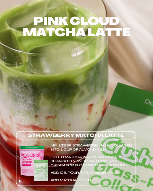 Pink package of Crushed Tonic Grass-Fed Collagen Strawberry Milk flavor on a white background