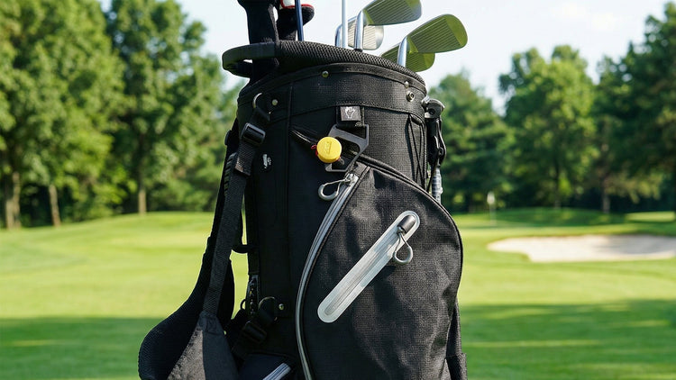 Black golf bag with clubs on a golf course
