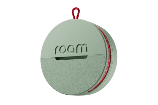 Round green device with 'roam' branding on a white background