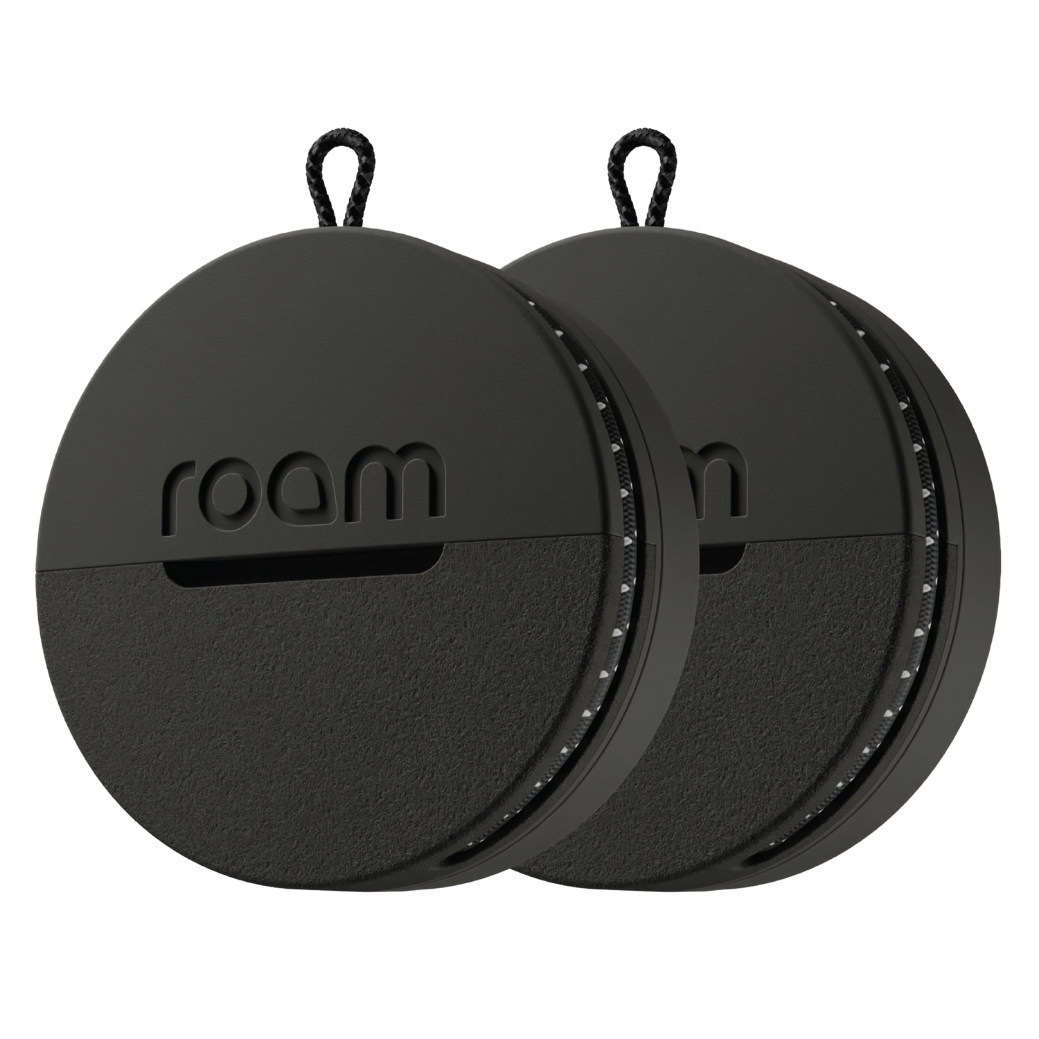 Two black circular devices with 'roam' branding on a white background