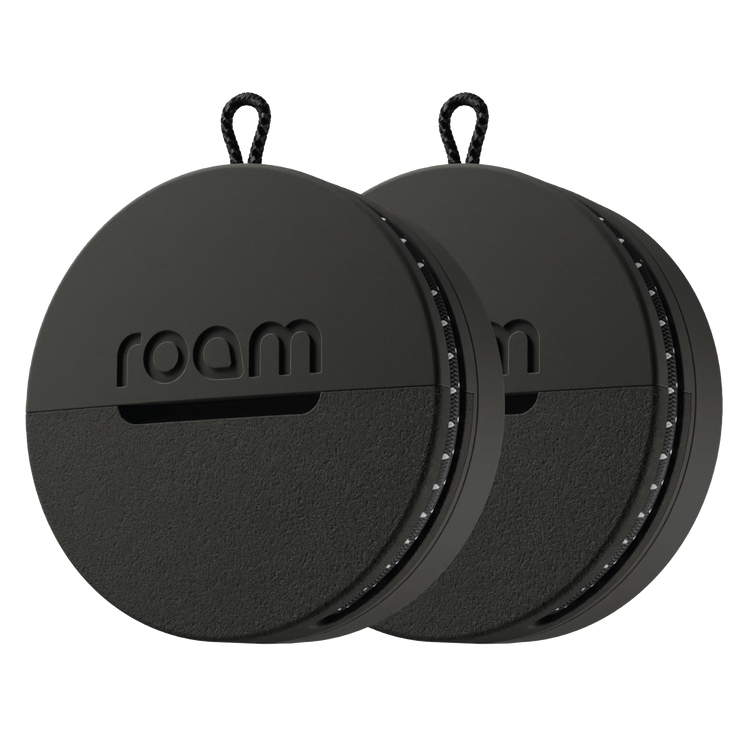 Two black circular devices with 'roam' branding on a white background