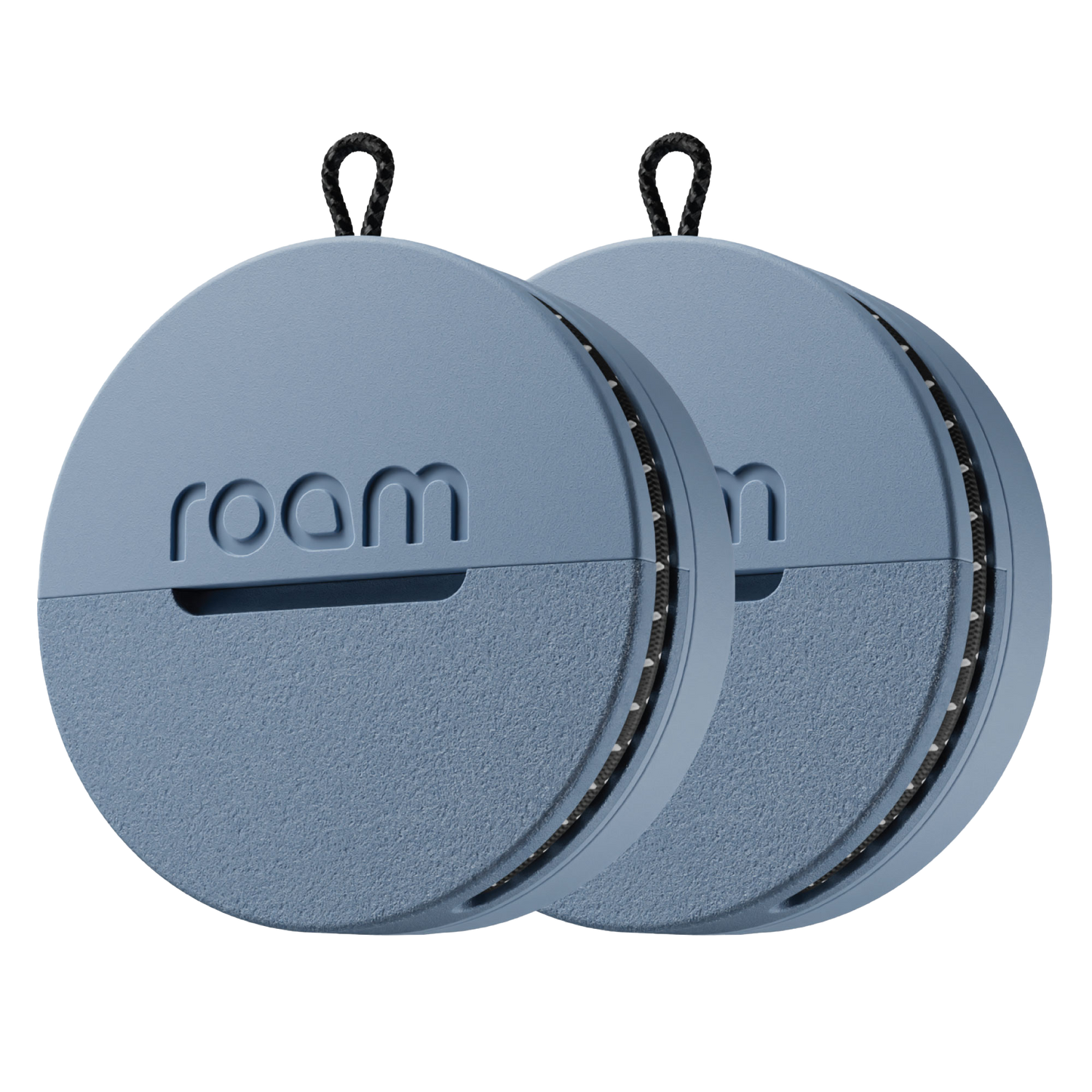 Two blue circular devices with 'roam' branding on a white background