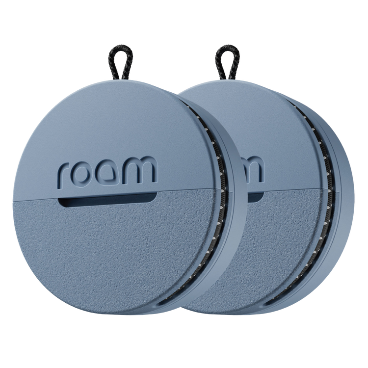 Two blue circular devices with 'roam' branding on a white background