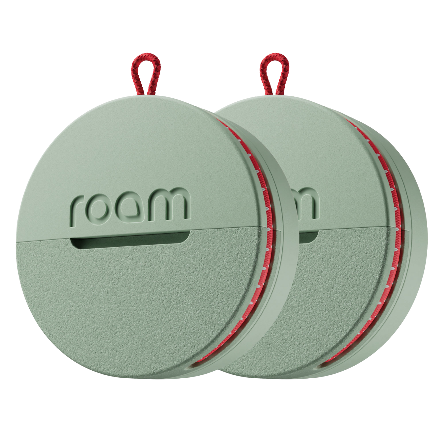 2-pack sage green Roam smart trackers with red elastic strap on transparent background showing compact round design with Roam branding