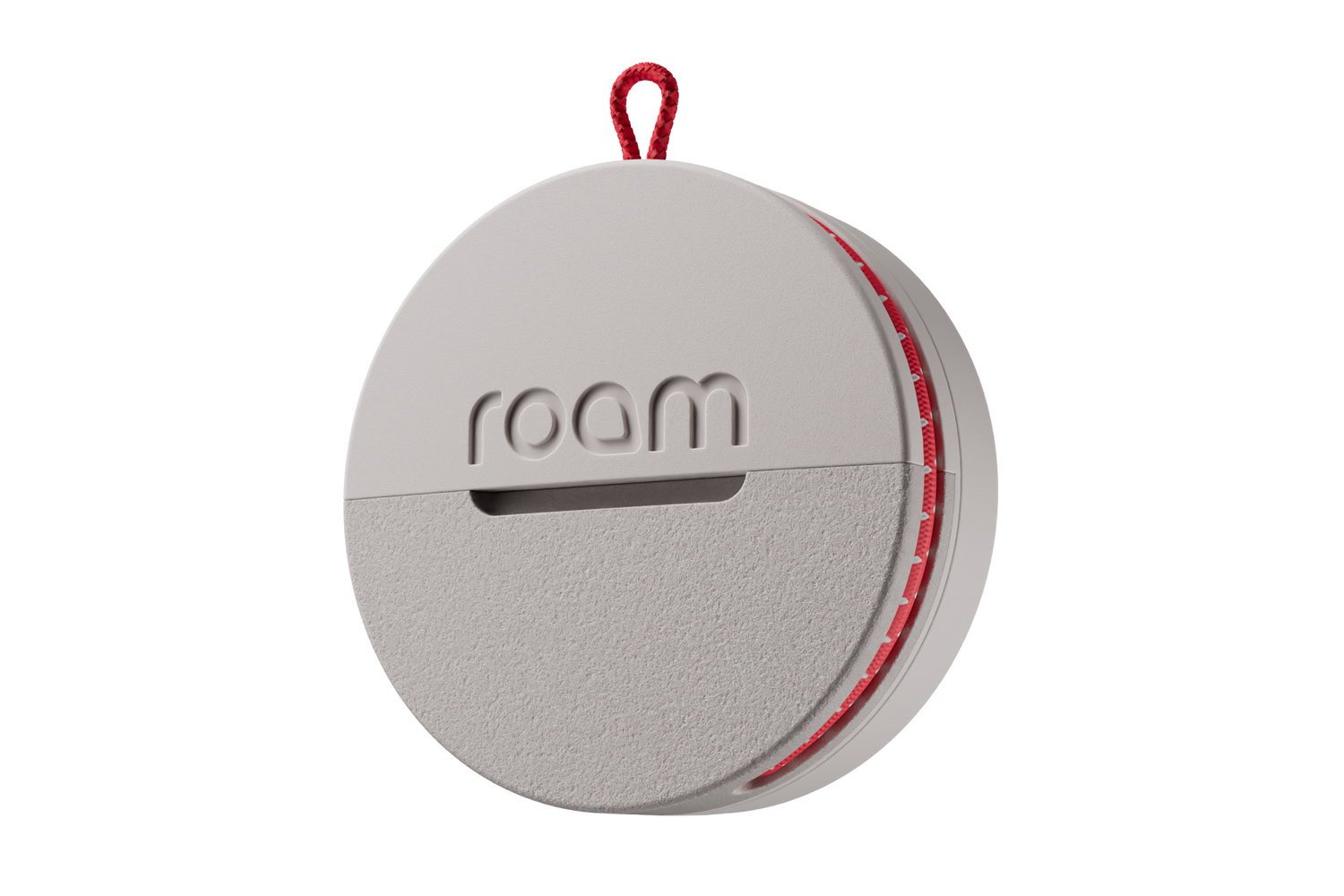 Roam smart tracker single unit in grey color with red loop attachment and red accent stripe, circular GPS tracker with 'roam' branding on transparent background