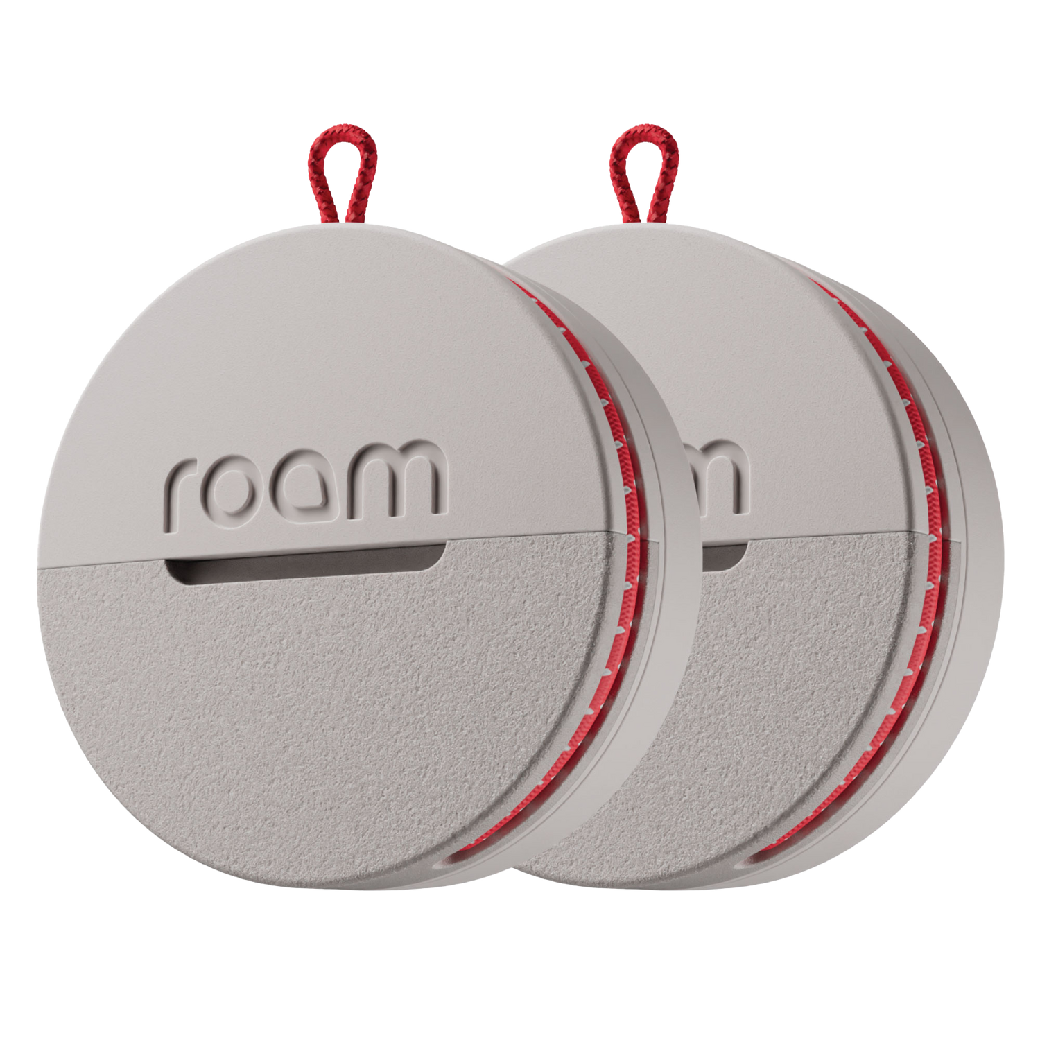 Roam smart tracker 2-pack in grey color with red accents and red loop attachments, circular GPS trackers with 'roam' branding on transparent background