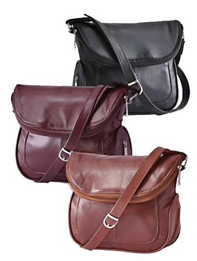 Three leather handbags in black, brown, and red on a white background