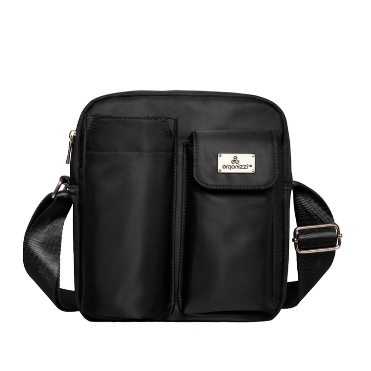 A collage of images showing a hydro excursion bag in various colors, with a person using a smartphone. The bags have a similar design with a front pocket and shoulder strap.