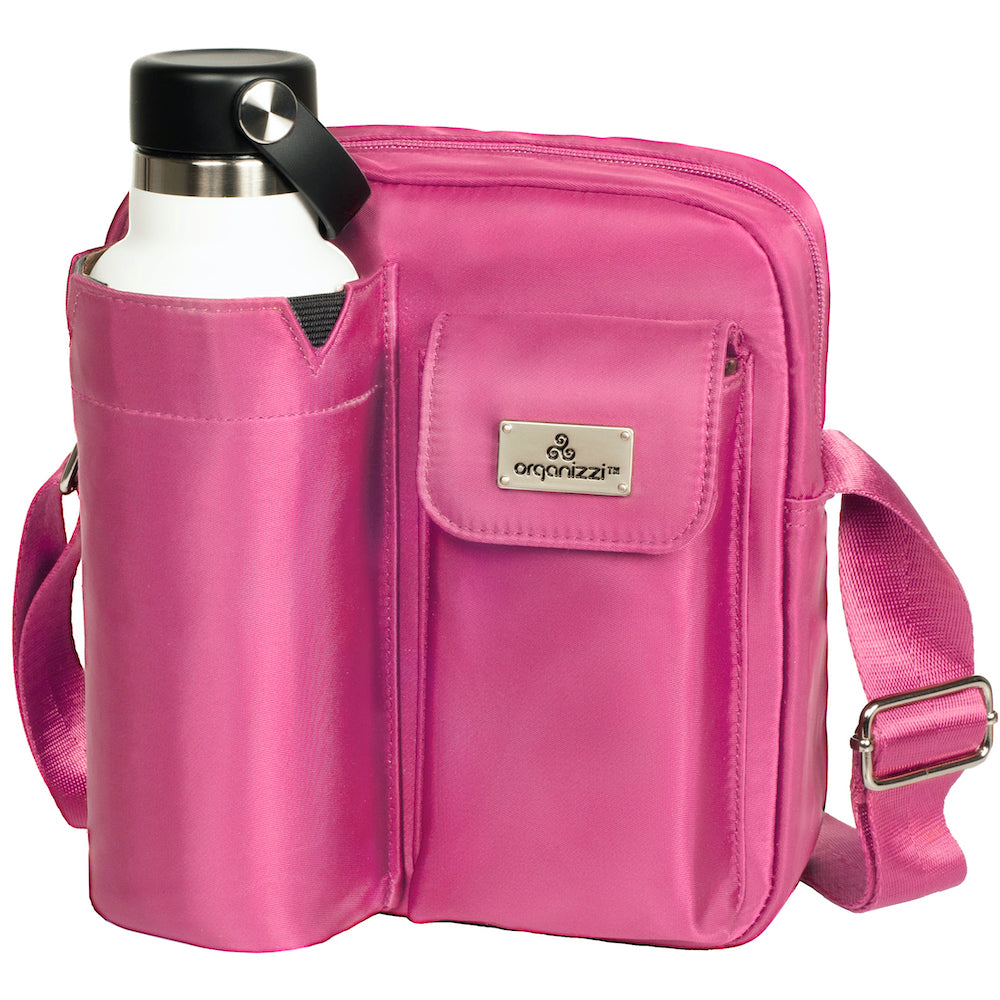 A collage of images showing a hydro excursion bag in various colors, with a person using a smartphone. The bags have a similar design with a front pocket and shoulder strap.