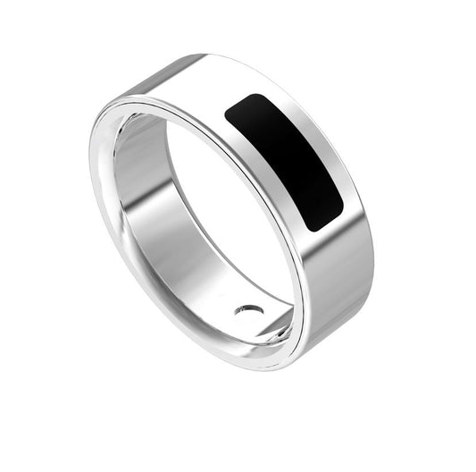 Silver ring with a black inlay on a white background