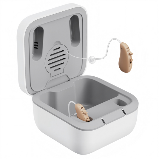 Gray hearing aid case with a beige hearing aid inside on a white background