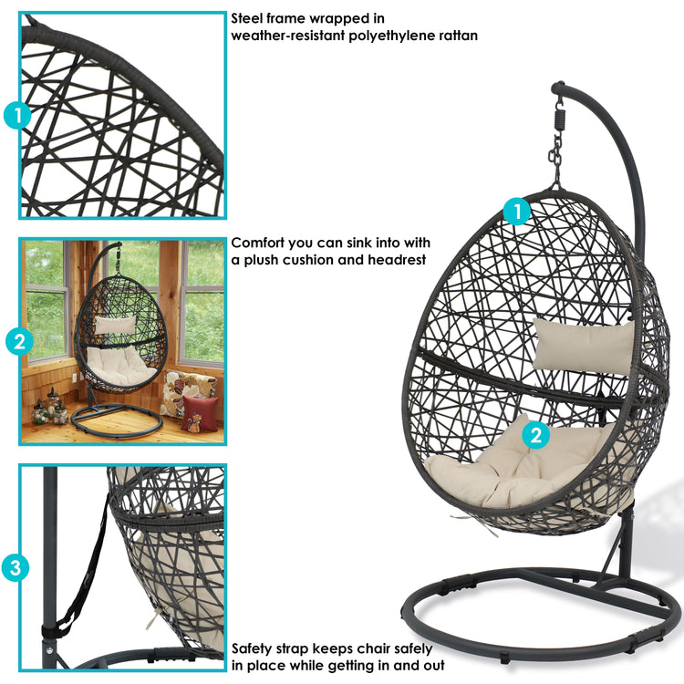 Sunnydaze Caroline Hanging Egg Chair with Stand - Resin Wicker - Beige Cushions