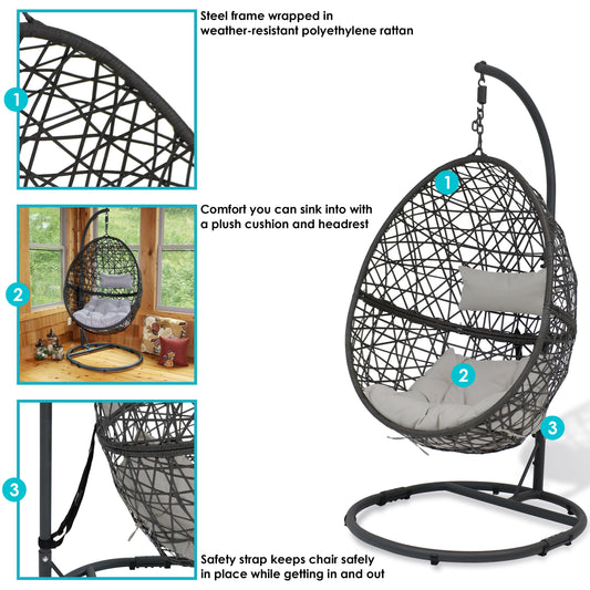 Sunnydaze Gray Caroline Hanging Egg Chair with Stand - Resin Wicker