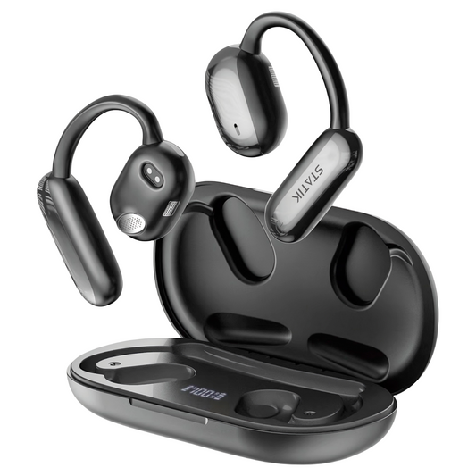 Black wireless earbuds with charging case on a white background