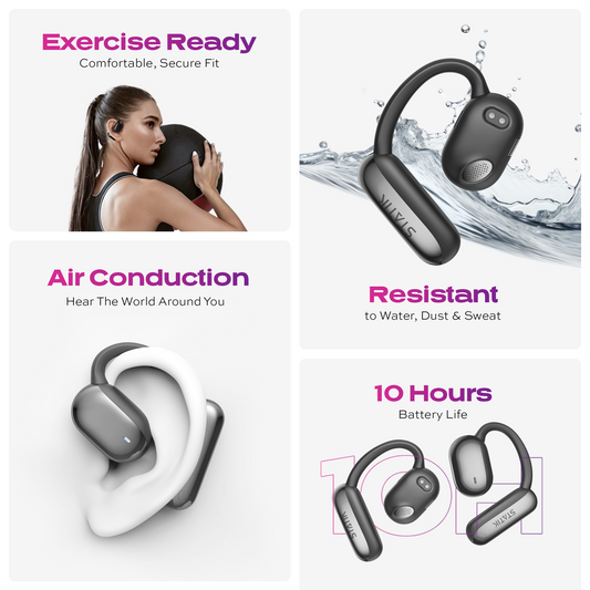 Black wireless earbuds with charging case on a white background