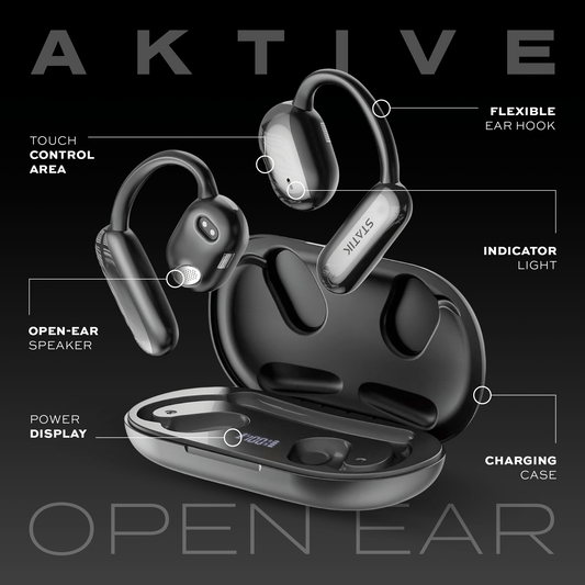Black wireless earbuds with charging case on a white background