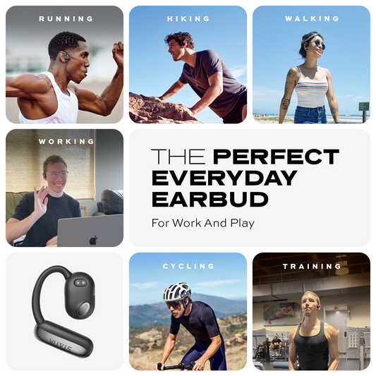 Black wireless earbuds with charging case on a white background