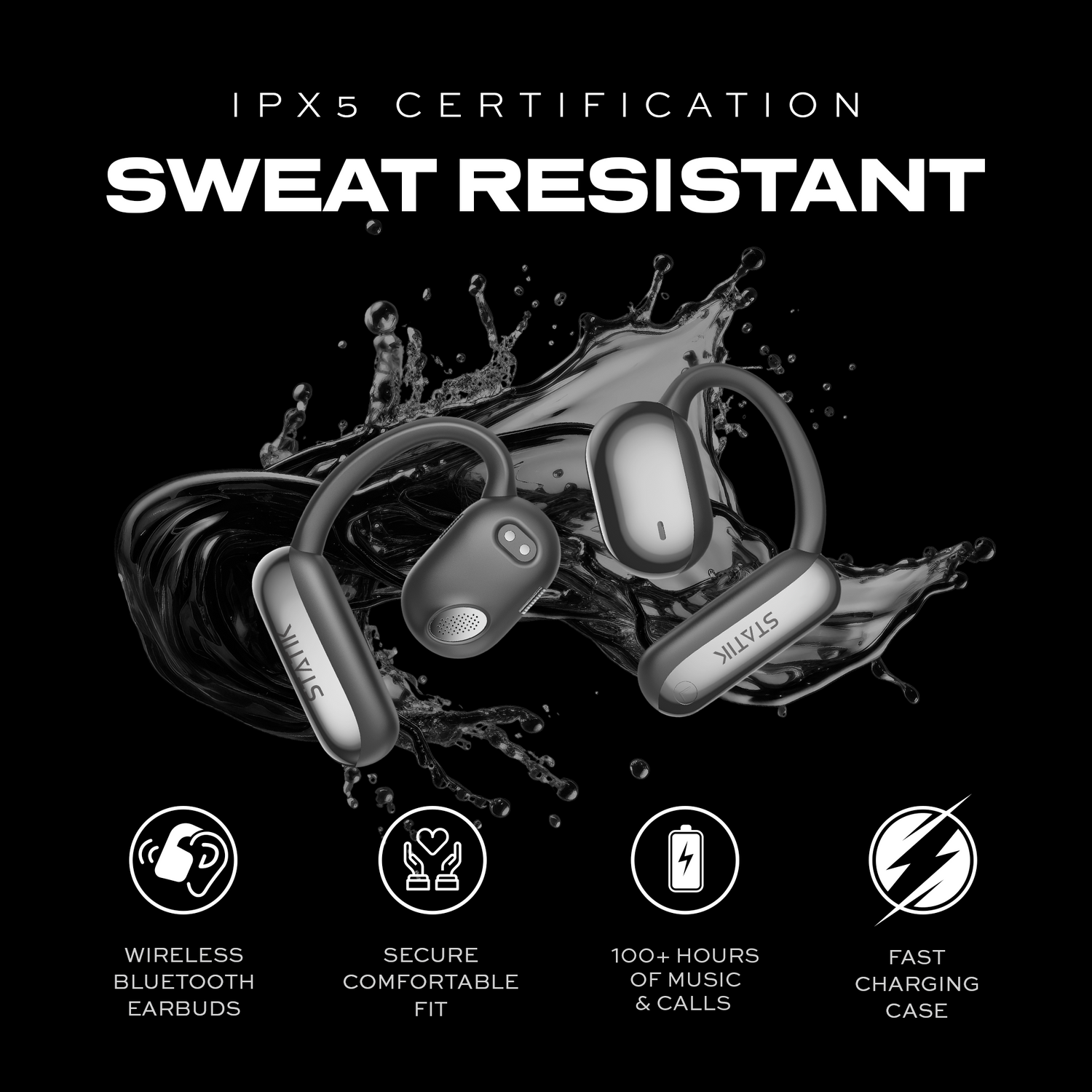 Wireless Bluetooth earbuds with water splashes and IPX5 certification text on a black background.