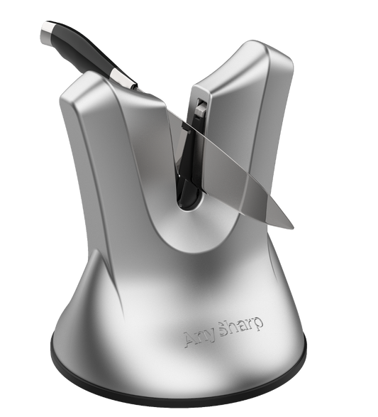 A black, professional knife sharpener with a suction cup base and a metallic blade.