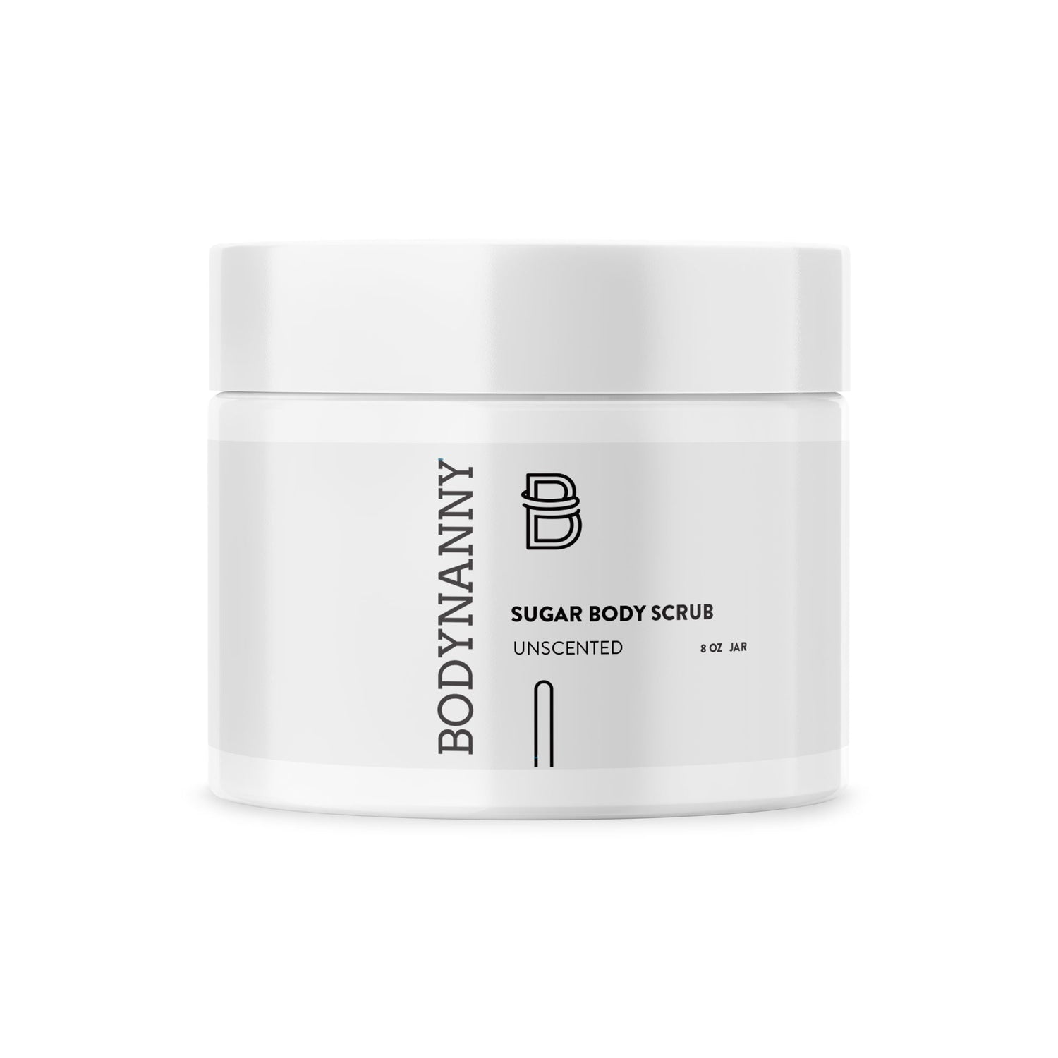 White jar of BODYNNY sugar body scrub on a white background