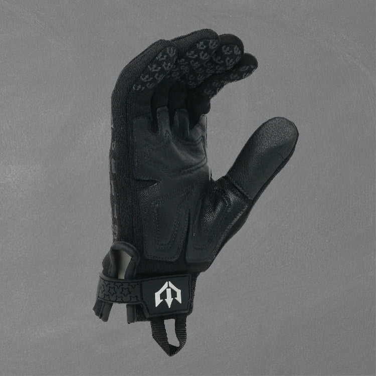 Black glove with a brand logo on a gray background