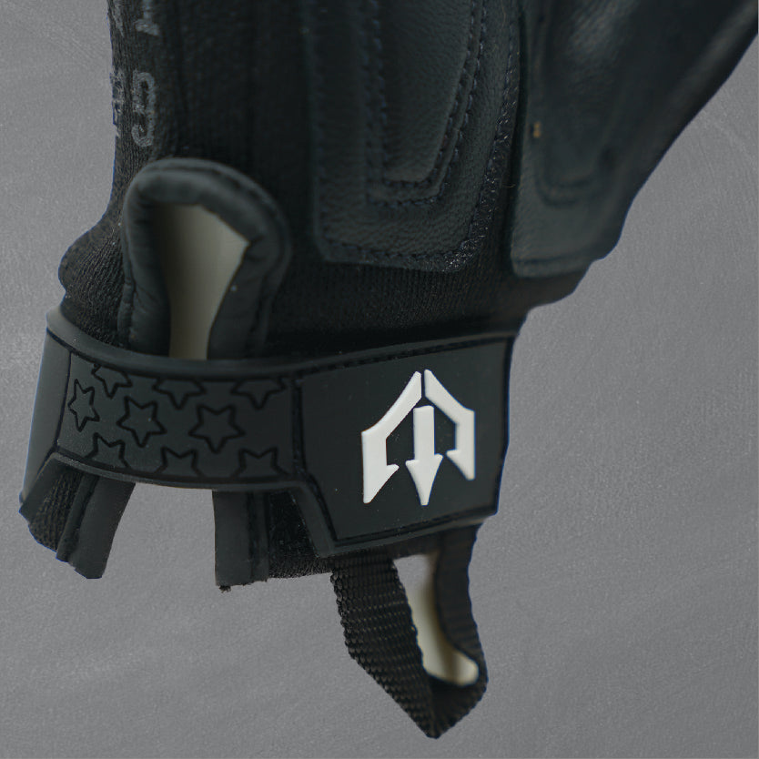 Black protective gear with a logo on a gray background